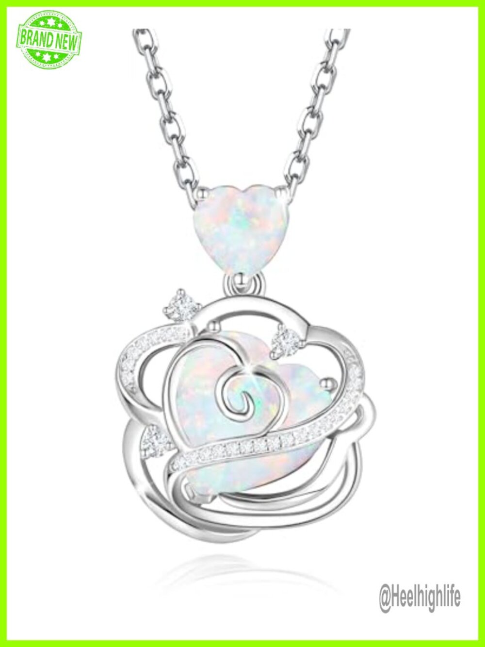 Sterling Silver White Gold Plated Created Opal Heart Rose Pendant Necklace